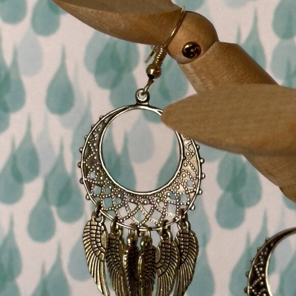 NEW Handmade- Feathered Hoop - Dangle Earrings in Antique Silver Tones - Picture 7 of 10